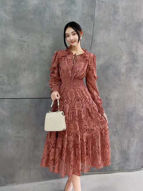 Elegant Jacquard Lace Dress for Women with Sweet Edible Tree Fungus Patchwork